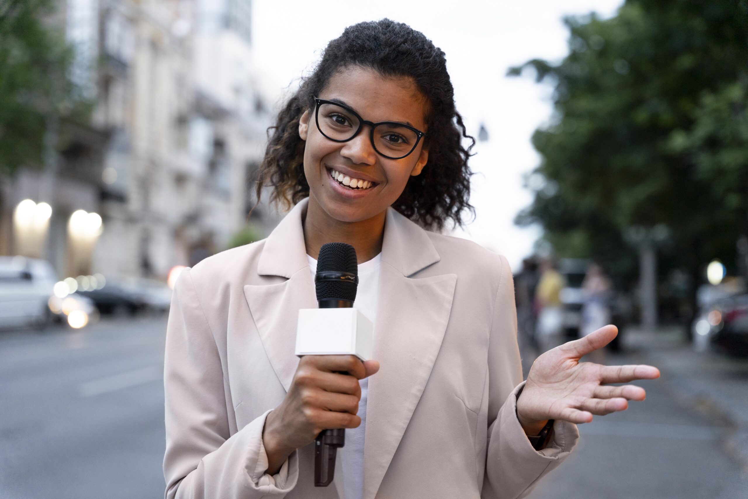 front view female journalist taking interview
