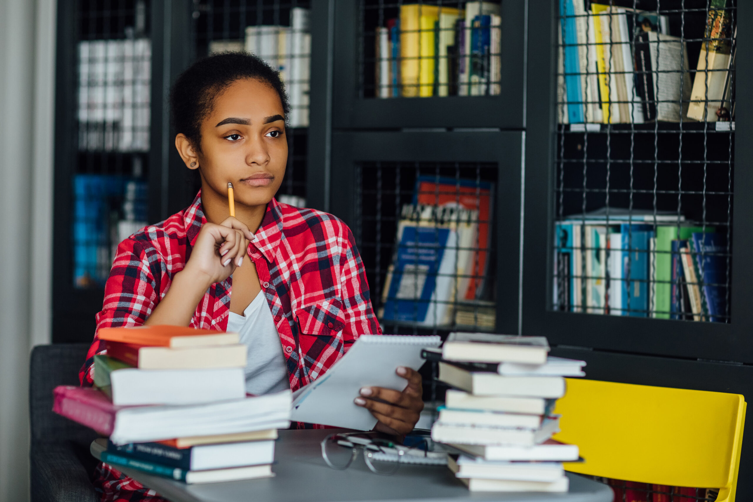young student sitting university library break from studying